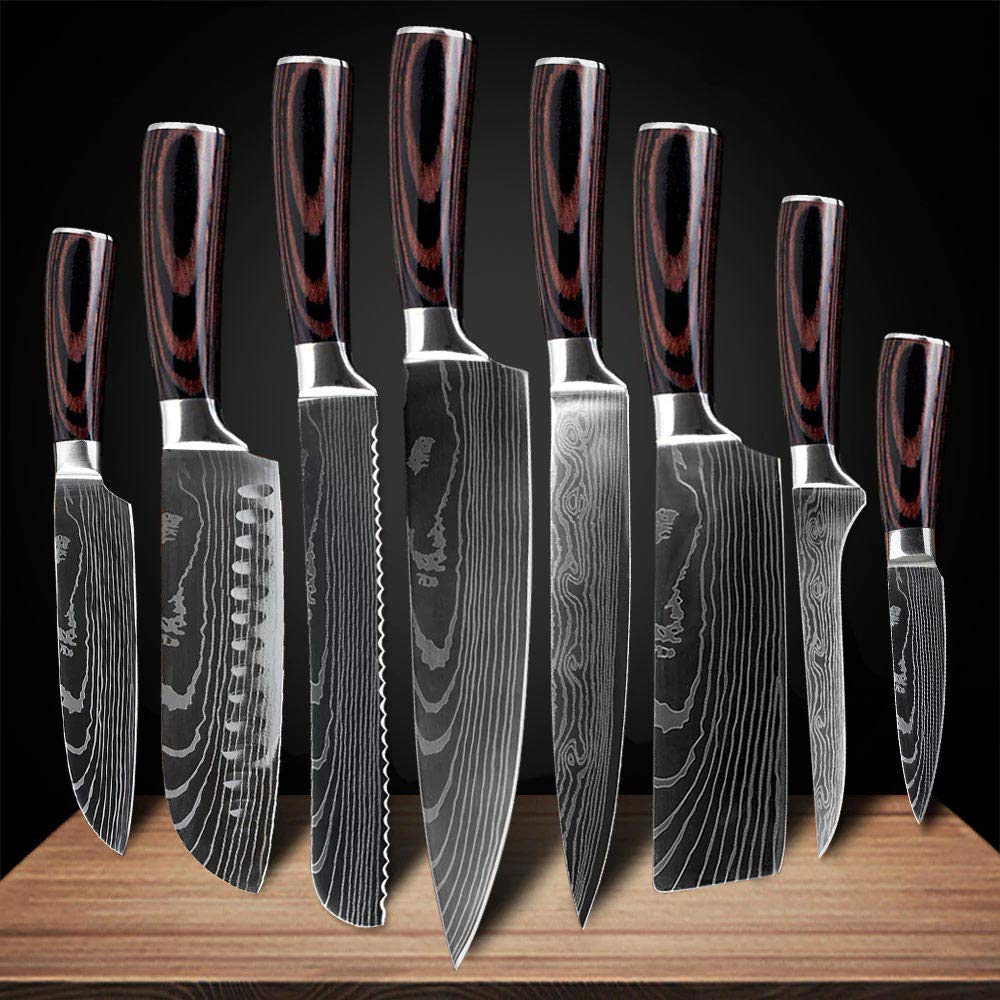 Zmart 20cm Kitchen Knives 8 Pieces Laser Damascus Pattern Chef Knife Sharp Santoku Knife Bread Cutter 7CR17 Kitchen Knife Cooking Utensil Damascus