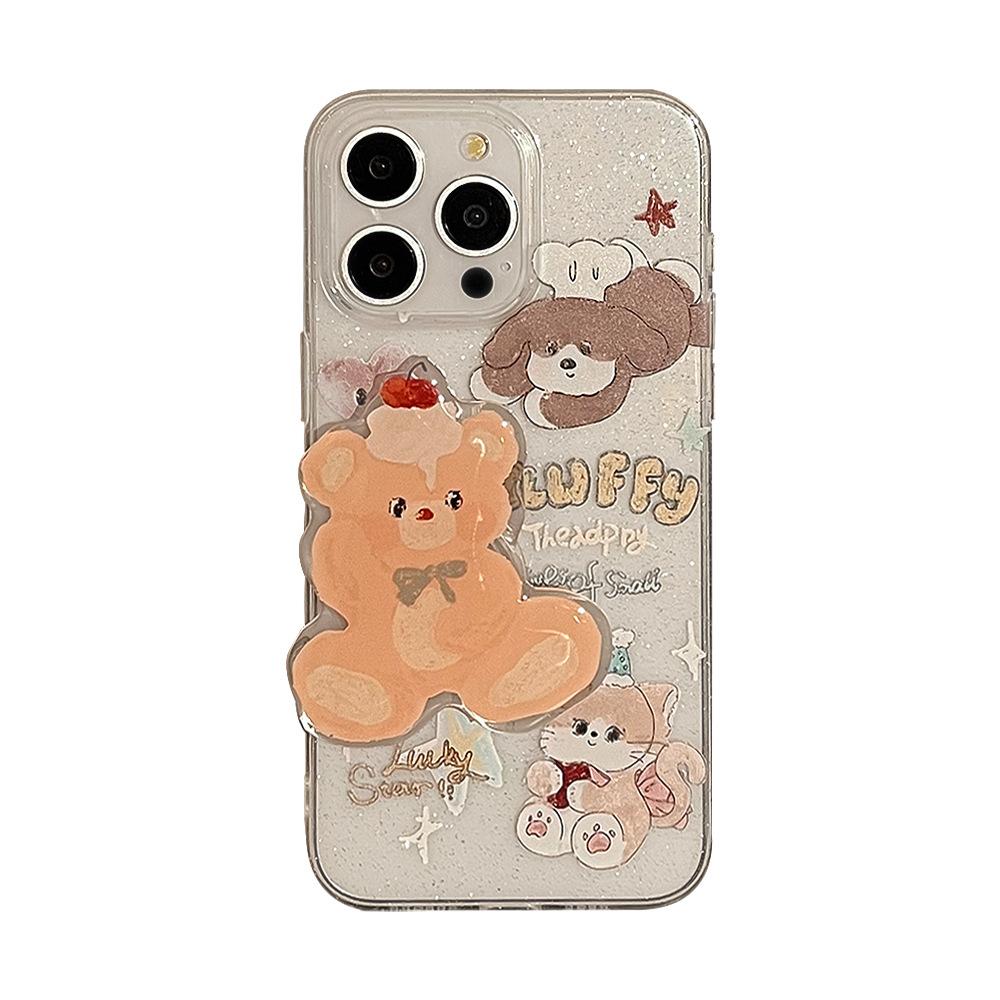 Soft and Cute Butter Bear Stand Apple 16 Mobile Phone Case 13 Glitter Powder Iphone15promax Suitable for 11 Soft and Cute