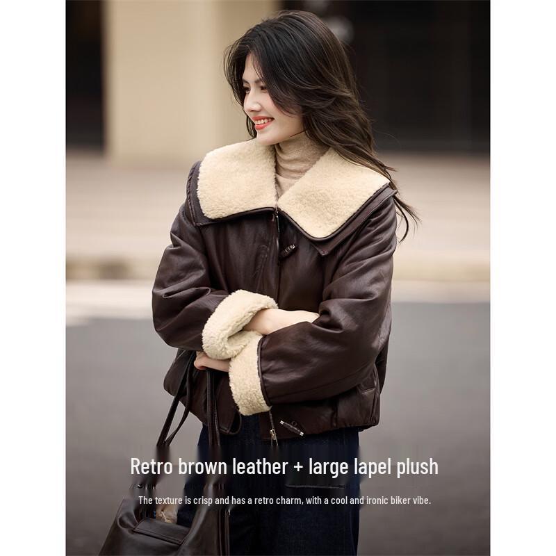 Women's Faux Lamb Wool Lined PU Leather Lapel Winter Coat