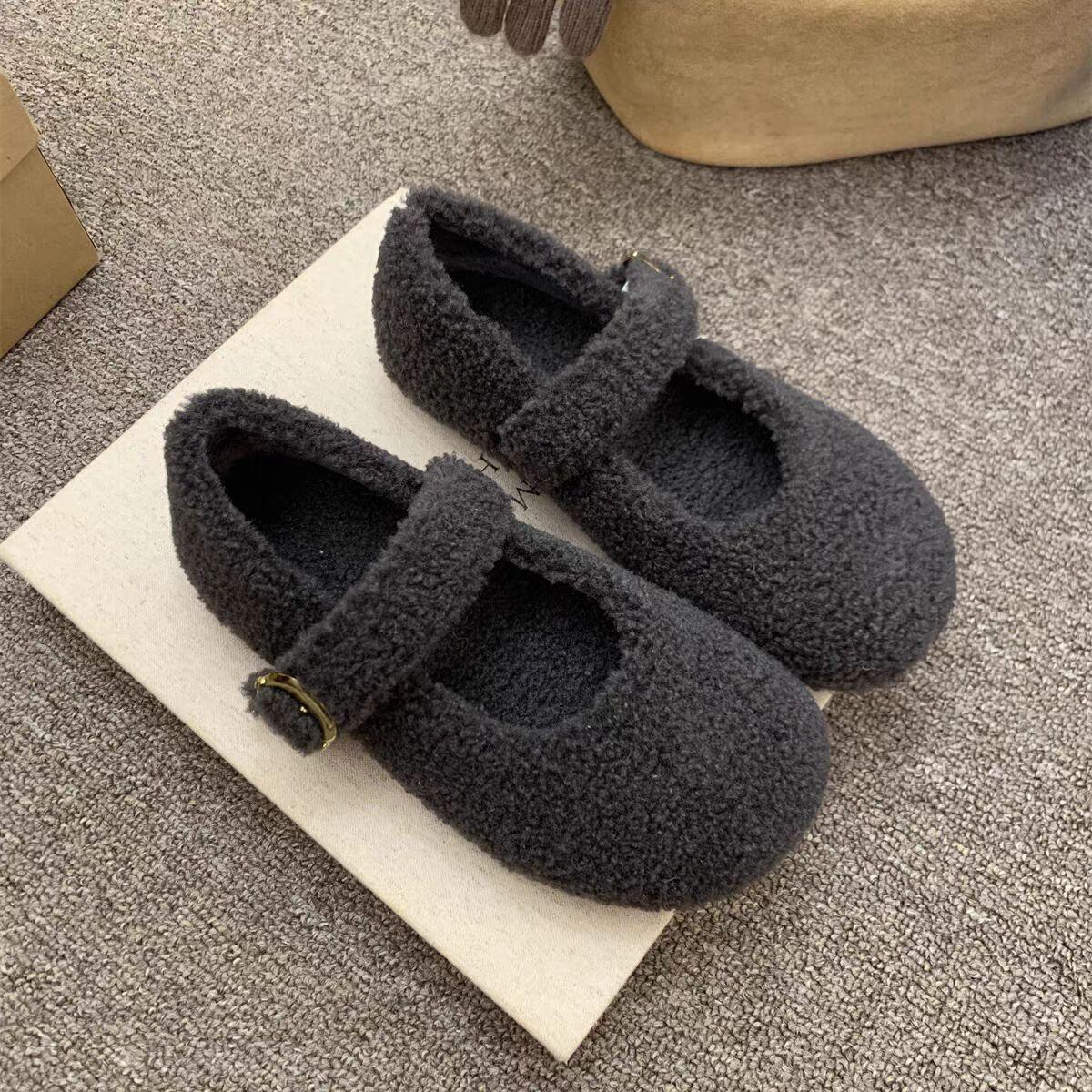 

Fashion Autumn Winter Fur Footwear Women s Mary Jane Shoes Concise Warm Outdoor Low Hee Loafers Ladies Comfortable Cotton Flats Shoes 35 серый