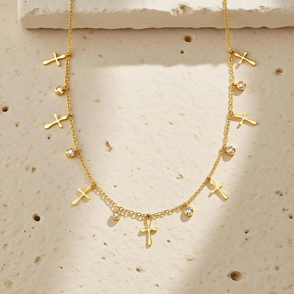 Fashion Cross Zircon Necklace for Women,Gold Color Flat Rolo Chain Stainless Steel Necklaces,Daily Waterproof Jewelry Gift