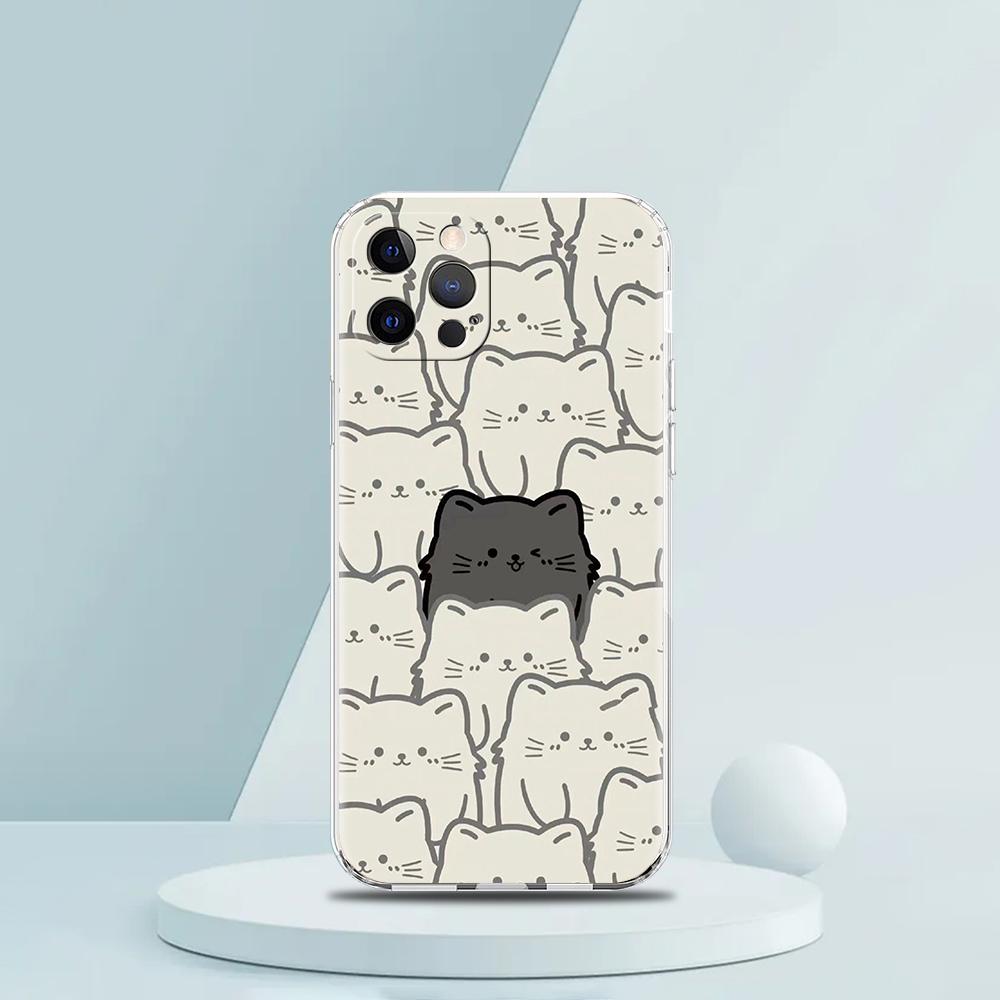 Cute Cartoon Black Cat Luxury Phone Case For iPhone 16 15 14 13 12 11 Pro Max XS X XR SE 7 8 Plus Soft Silicone Clear Cover