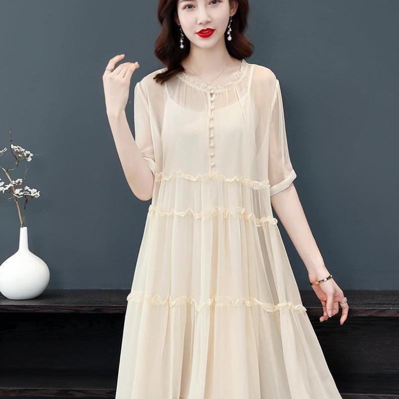 Women's Spring and Summer Round Neck Plus Size Loose Temperament Thin Medium-length Skirt