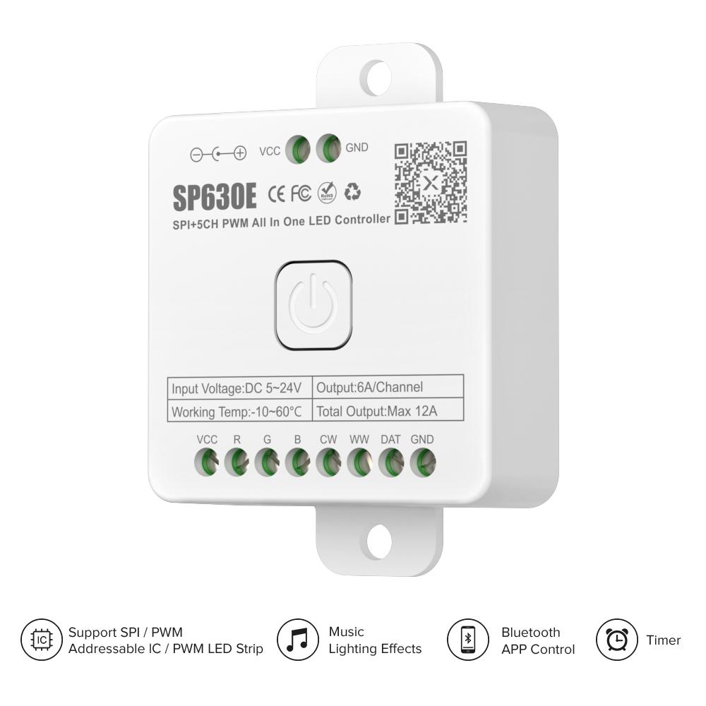 SP630E All In One LED Controller 5CH PWM SPI Pixels LED Light Strip WS2812B WS2811 SK6812 FCOB 5050 RGB RGBW CCT Music BT 5V-24V