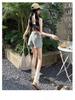 Women's High-Waisted A-Line Denim Skort with Irregular Tie Design - Petite Fit