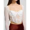 Women S Lace Mesh Panel Long Sleeve Square Neck Slim Fit Crop Top Vest