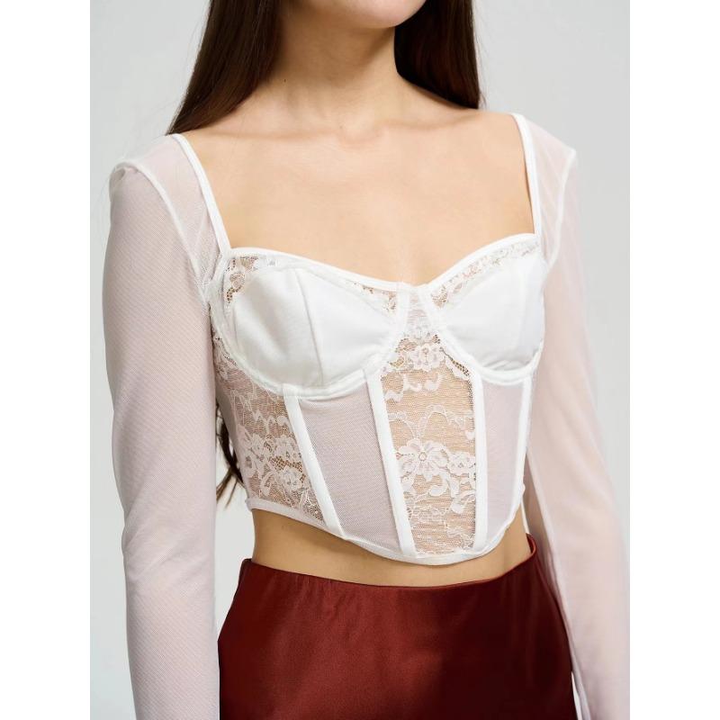 Women S Lace Mesh Panel Long Sleeve Square Neck Slim Fit Crop Top Vest