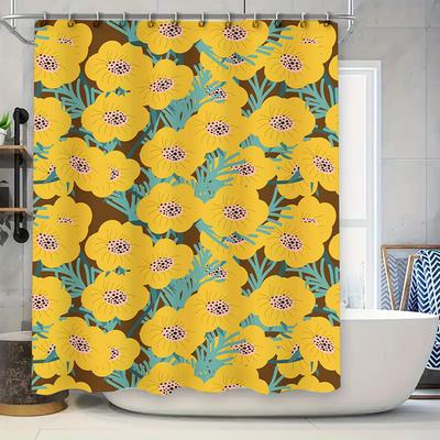 Modern Floral Shower Curtain Vivid Yellow Blue Design for Bathroom Decor Polyester Fabric with Hooks Included (180x240cm)