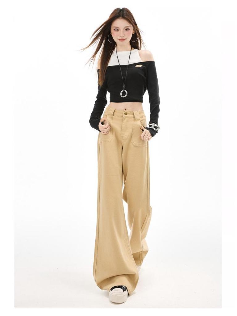 Women's High-Waist Khaki Micro-Flare Jeans - Slimming, Loose Fit, Floor-Length for Spring/Autumn.