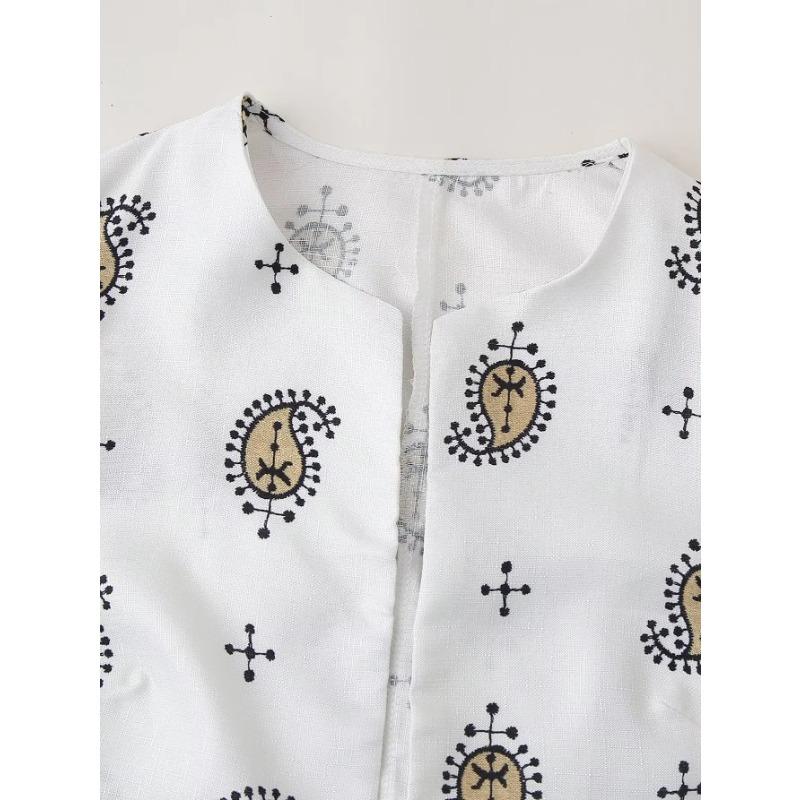 Loungewear Women Casual O Neck Long Sleeves Blazer+High Waist Straight Pants Summer Cashew Flower Embroidery Pants Set Sleepwear