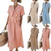 Women V Neck Bow Tie Midi Dress Short Sleeve Solid Color Casual Loose Fit Long Dress with Pockets Summer