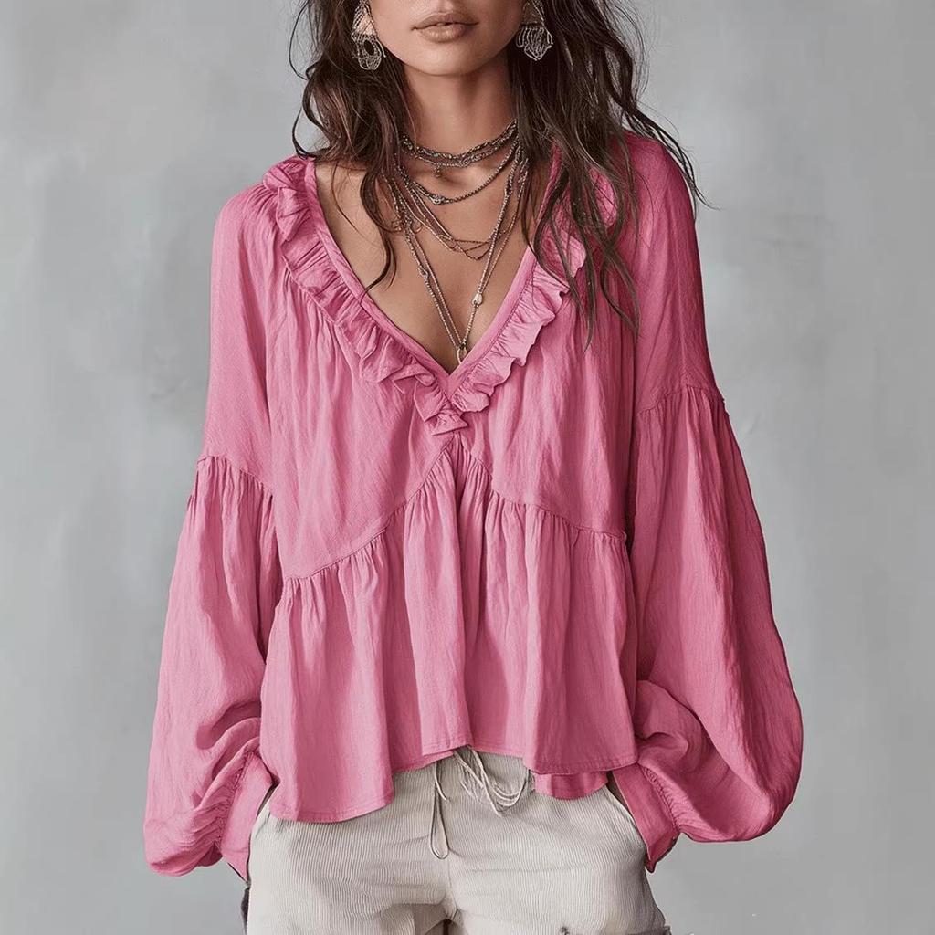 2026 Spring/Summer European & American Casual Ruffle Puff Sleeve Pleated Top