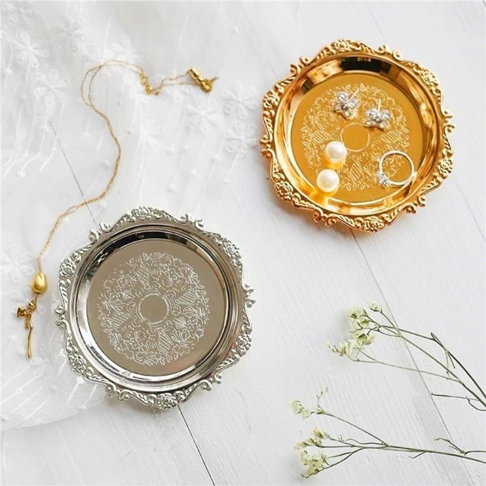 Golden Silver Cake Tray Round Dinner Serving Tray Retro Fruit Snack Plate  Party Decorative