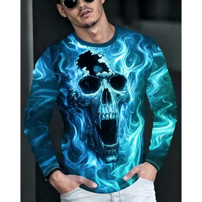 Autumn and Winter Men's Colored Skull 3D Printed Crew Neck Long Sleeve T-Shirt