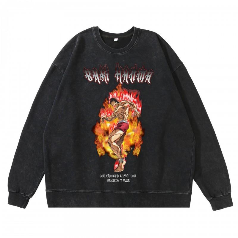Heavyweight 360g Washed Vintage Baki Hanma Anime Graphic Hoodie-Free Cotton Sweatshirt Men