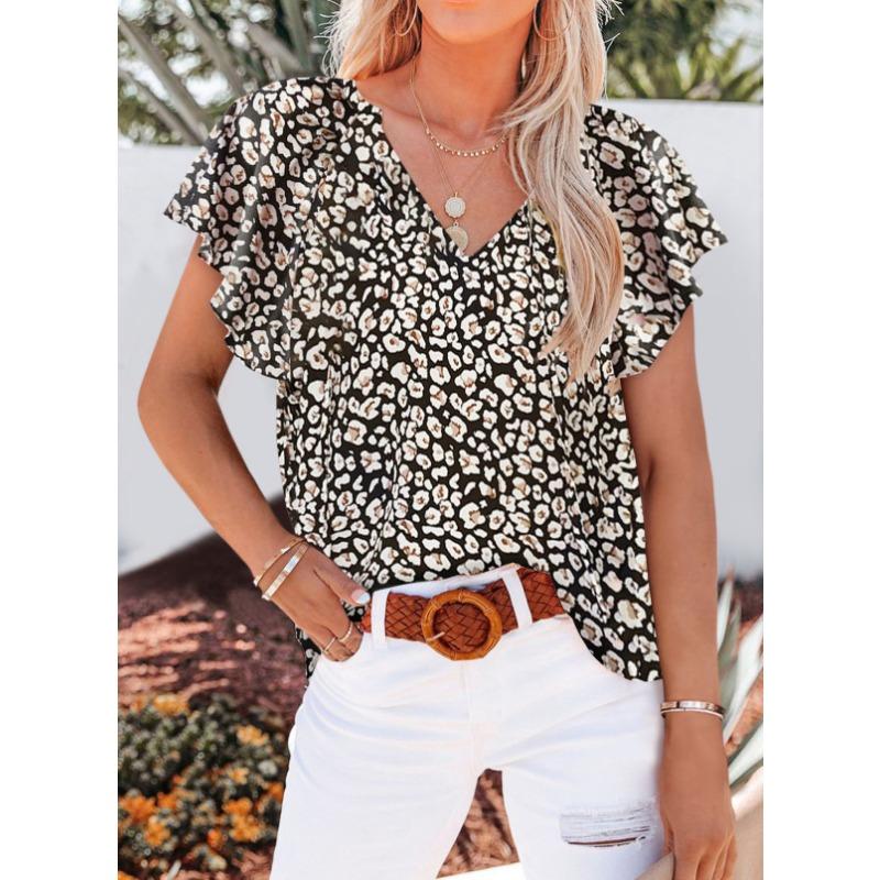 Women V Neck Printed Short Sleeve Loose Casual Pullover Blouse Top