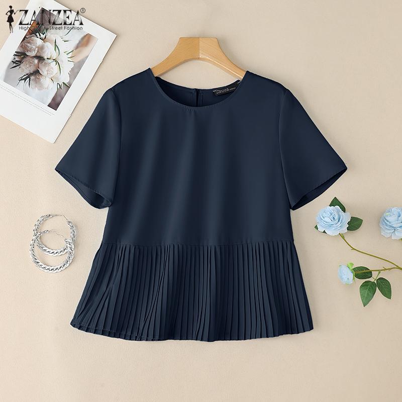 ZANZEA Women Casual Round Neck Loose Short Sleeve Blouse
