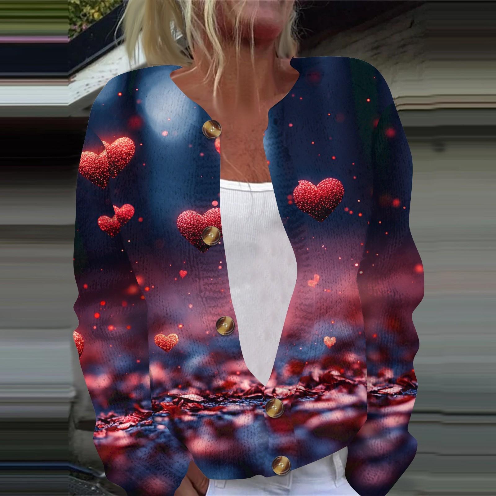 

Женская мода День святого Валентина Сердце Принт Длинный рукав Вязаный кардиган Куртка на пуговицах S циан