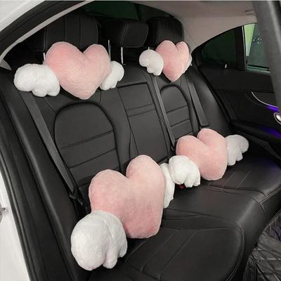 1PC Car Universal Girl Heart Shaped Headrest Plush Love Neck Pillow Seat Lumbar Support Accessories Back Cushion Pink Wings