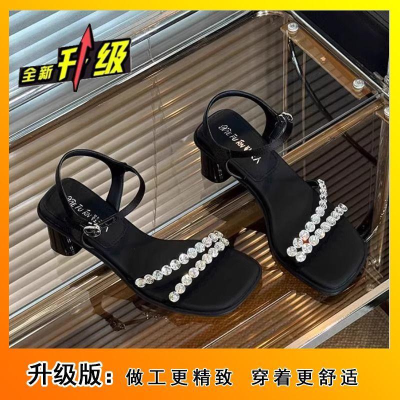 

Сказочный стиль мода с юбкой на высоком каблуке римские сандалии французский толстый каблук со стразами женские босоножки лето 2024 новый 35