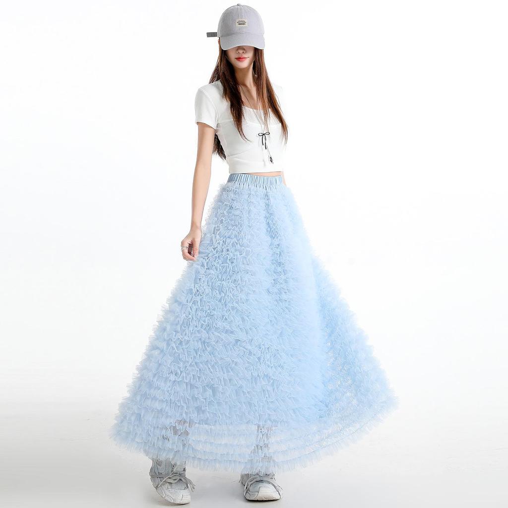 Women's 2026 Spring High Waist A-line Layered Mesh Fluffy Skirt