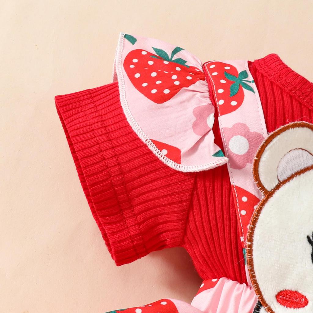 2025 Ribbed Strawberry Bear Romper - Triangle Sleeves & Faux Straps