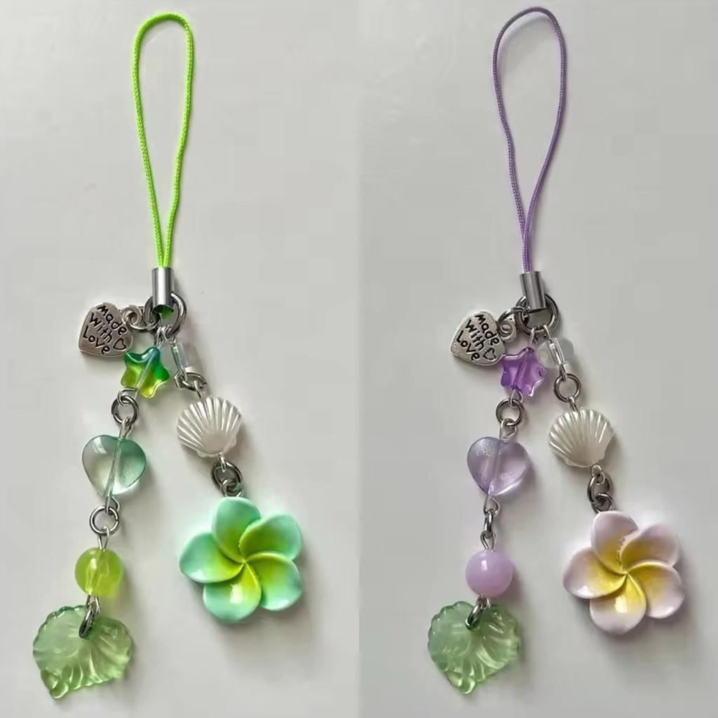 Elegant Phone Chain Cuteness Phone Lanyard Heart Shape Hanging Pendant with Plumeria and Tassels Alloy Texture for Woman