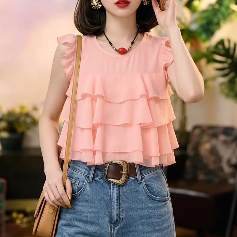 ZANZEA Women Casual Round Neck Loose Sleeveless Ruffles Blouse