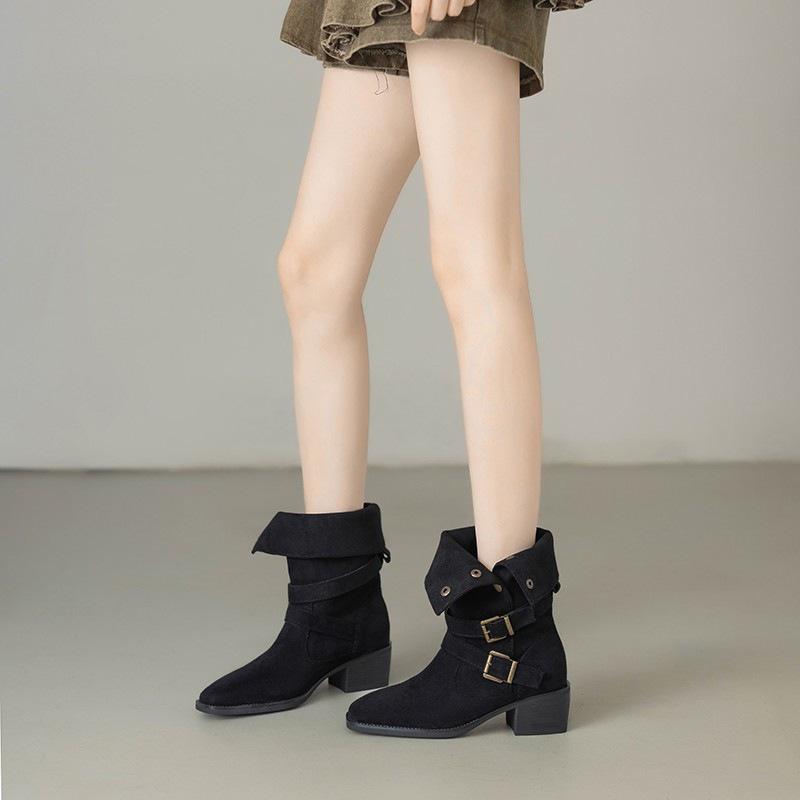 Retro western cowboy boots spring and autumn new thick heel casual velvet warm medium tube brown boots 35 чёрный