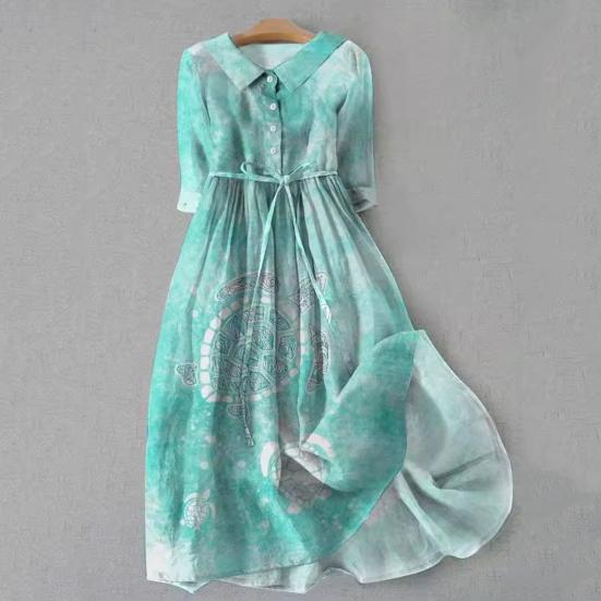 Three Quarter Sleeves A-line Digital Floral Print Bohemian Style Pleated Lace-up Strap Half Single-breasted Shirt Type Midi Dress