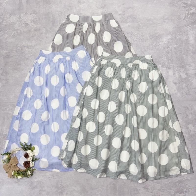 Johnature Japanese Polka Dot Stripe Skirts Women Summer Casual All Match Elastic Waist Women Skirts