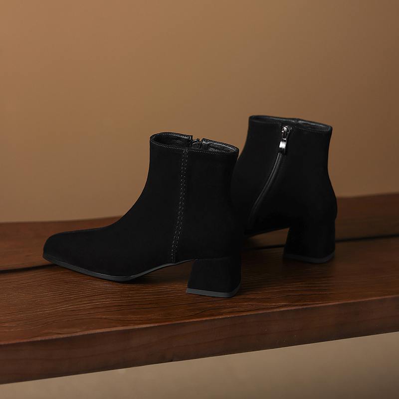 Krazing Pot 2026 cow suede nubuck Winter Square Toe Chunky Heels Chelsea Fashion Boots Women Zip Retro Women Ankle Boots