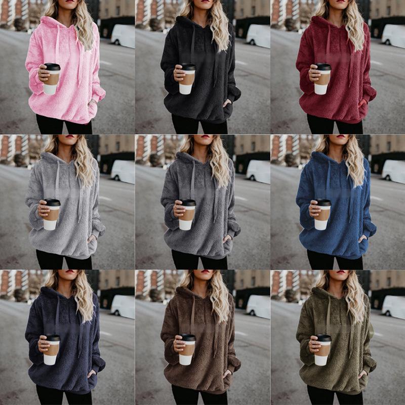 Women's Plush Hooded Fleece Pullover Sweatshirt - Long-Sleeved, Loose Fit, Autumn/Winter.