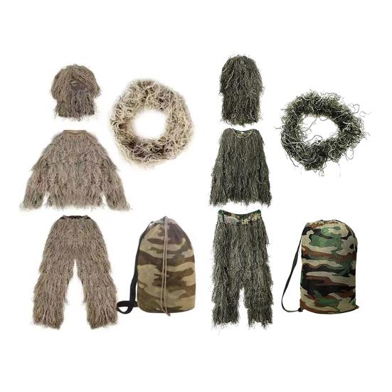 5 Teile/satz Ghillie Anzug mit Jacke Hosen Kapuze Girlande Tragen Tasche 3D Camouflage Jagd Bekleidung Jugend Erwachsene Woodland Kleidung