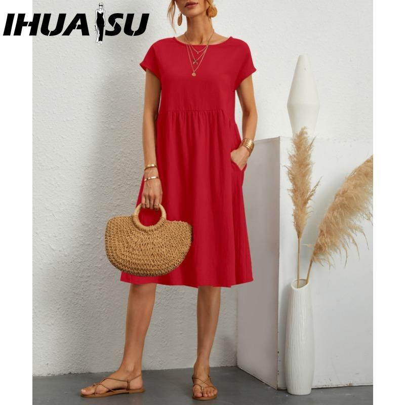 IHUASU Women's Fashion Summer Spring Solid Color Print O-Neck High Waist Casual Dresses