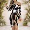 Women Plus Size Chain Strap Cold Shoulder Long Sleeve Printed Cross Hem Bodycon Dress