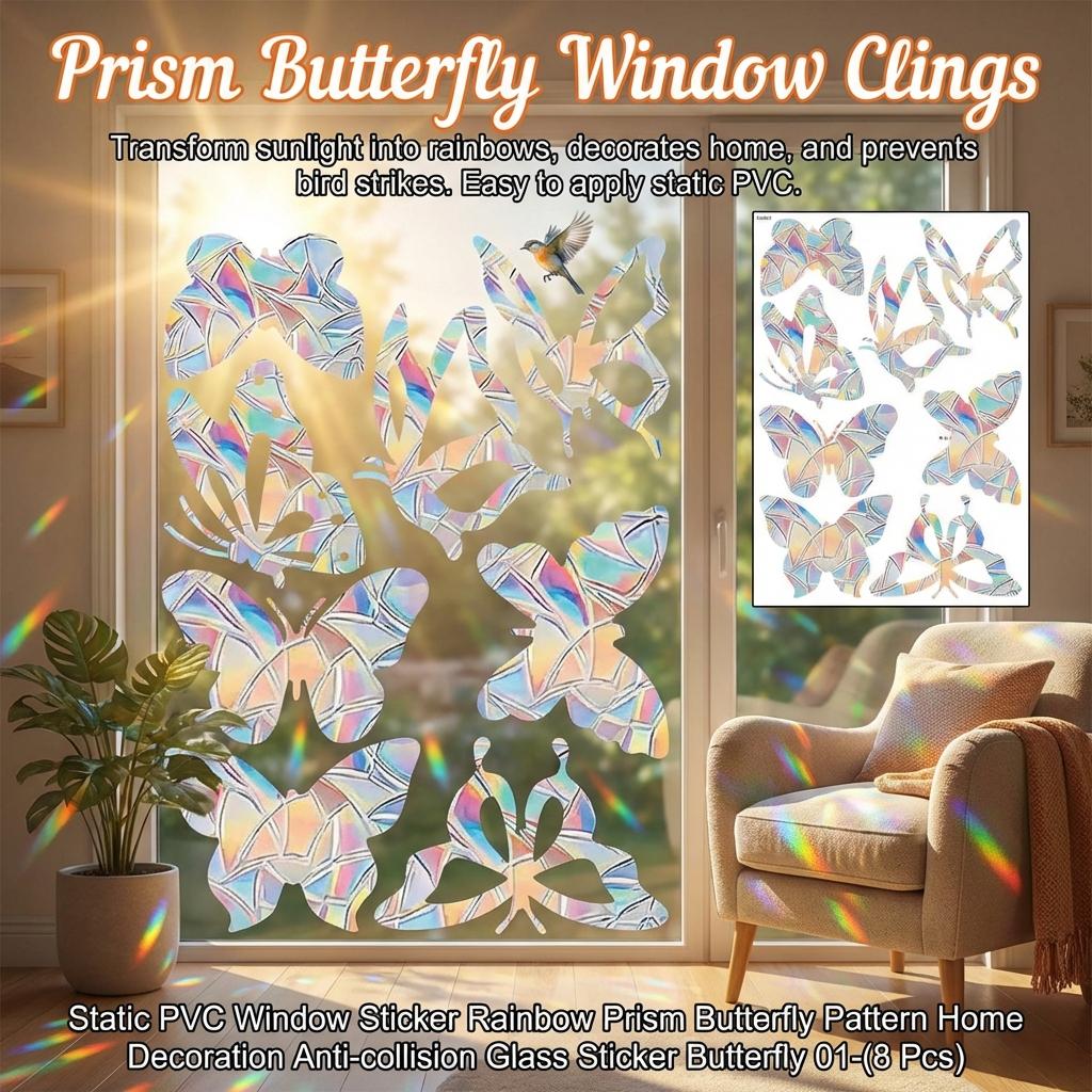 Static PVC Window Sticker Rainbow Prism Butterfly Pattern Home Decoration Anti Collision Glass Sticker