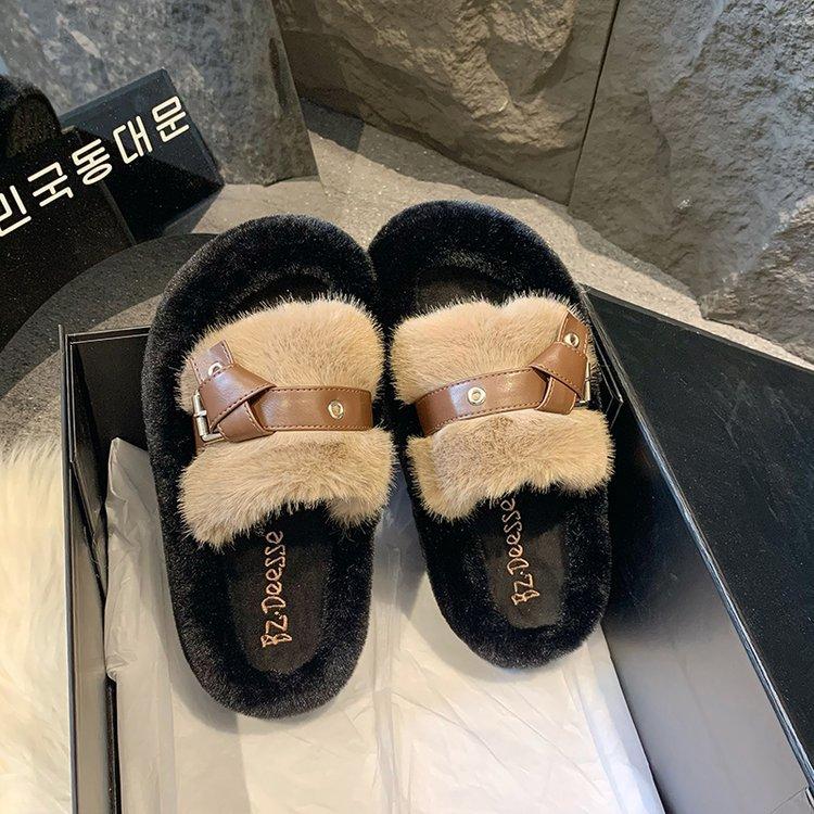 Thick-soled wool slippers women's autumn and winter wear gentle wool shoes one-word drag design sense fashionable and comfortable plush drag