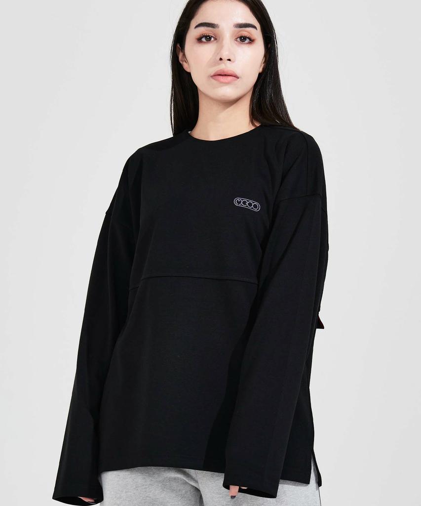 MAC 9ºC Simple Oversized Half-Line Long Sleeve T-Shirt_Black