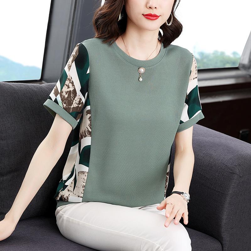 

Short-sleeved T-shirt Female Mother Summer Dress Western Style Middle-aged Fashion Age-reducing Loose Large Size Ladies Top XS