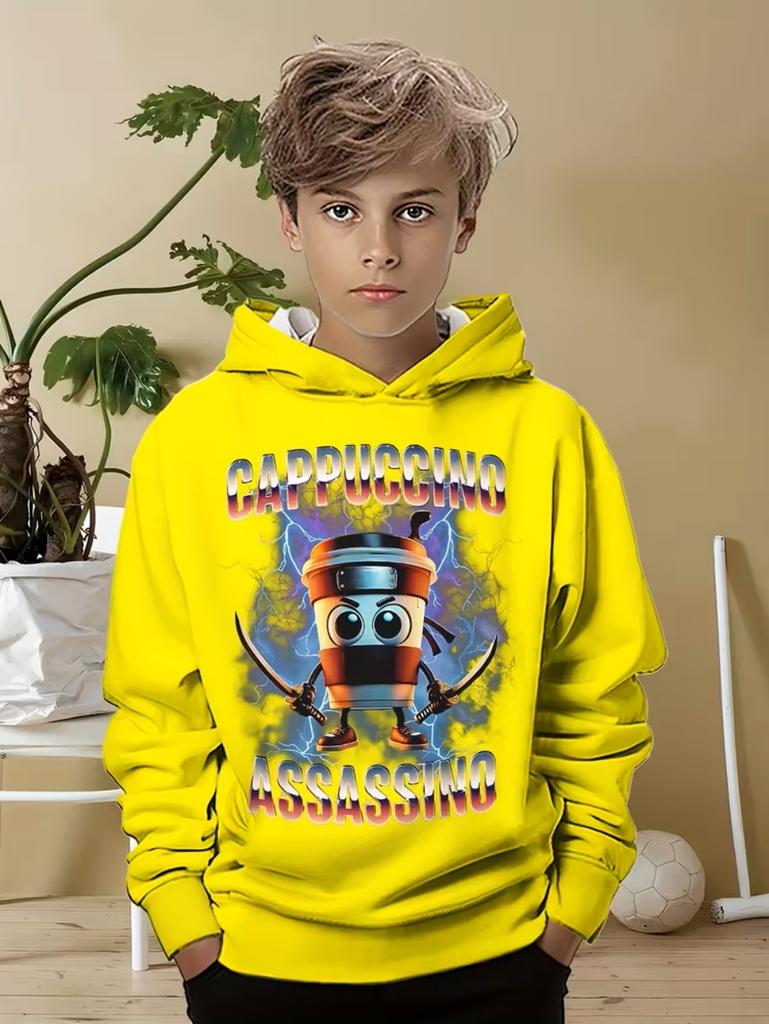 Felpe Divertenti Cappuccino Assassino Ragazzi Ragazze Felpa Divertente Stampa Italian Brainrot Manica Lunga Felpe con Cappuccio Bambini Felpe Umoristiche