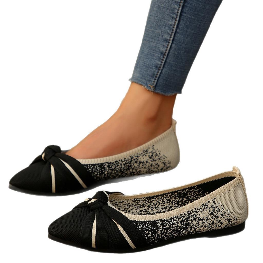 Large Size Fly-woven Breathable Flat-soled Single Shoes Women's Overalls, Bows, Shallow Mouth Lazy Work Shoes Shoes