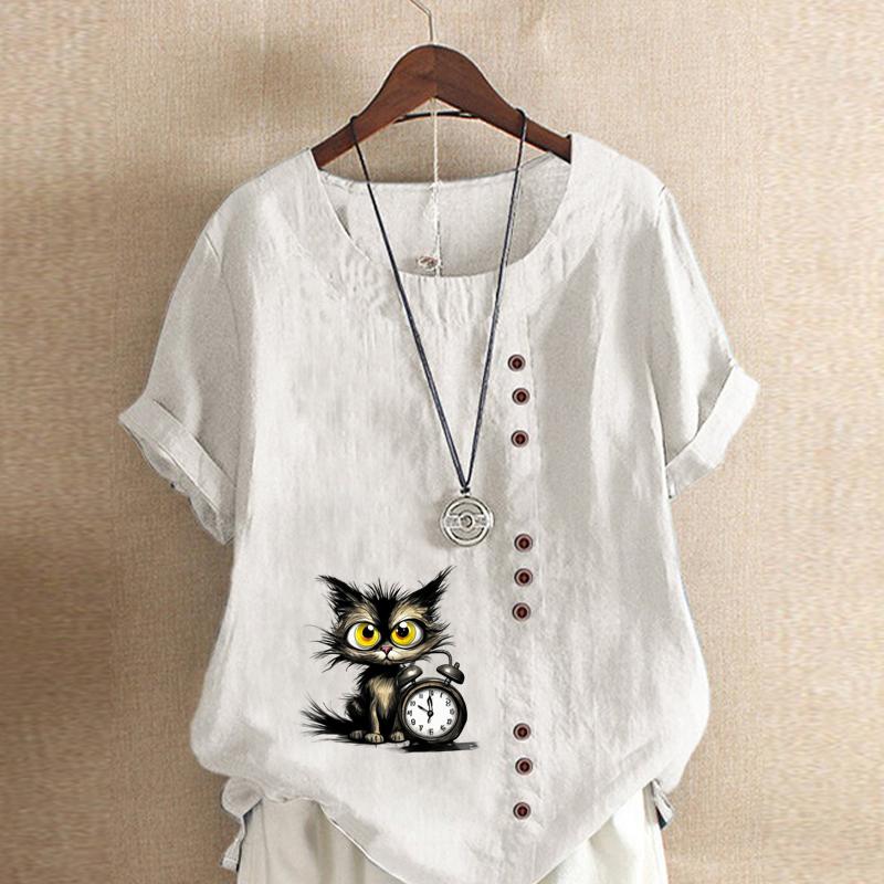 Women's Fashion Alarm Clock Black Cat Prined Short Sleeve T-shirt Loose Cotton Shirt Casual Loose Summer Blouse Tops Plus Size