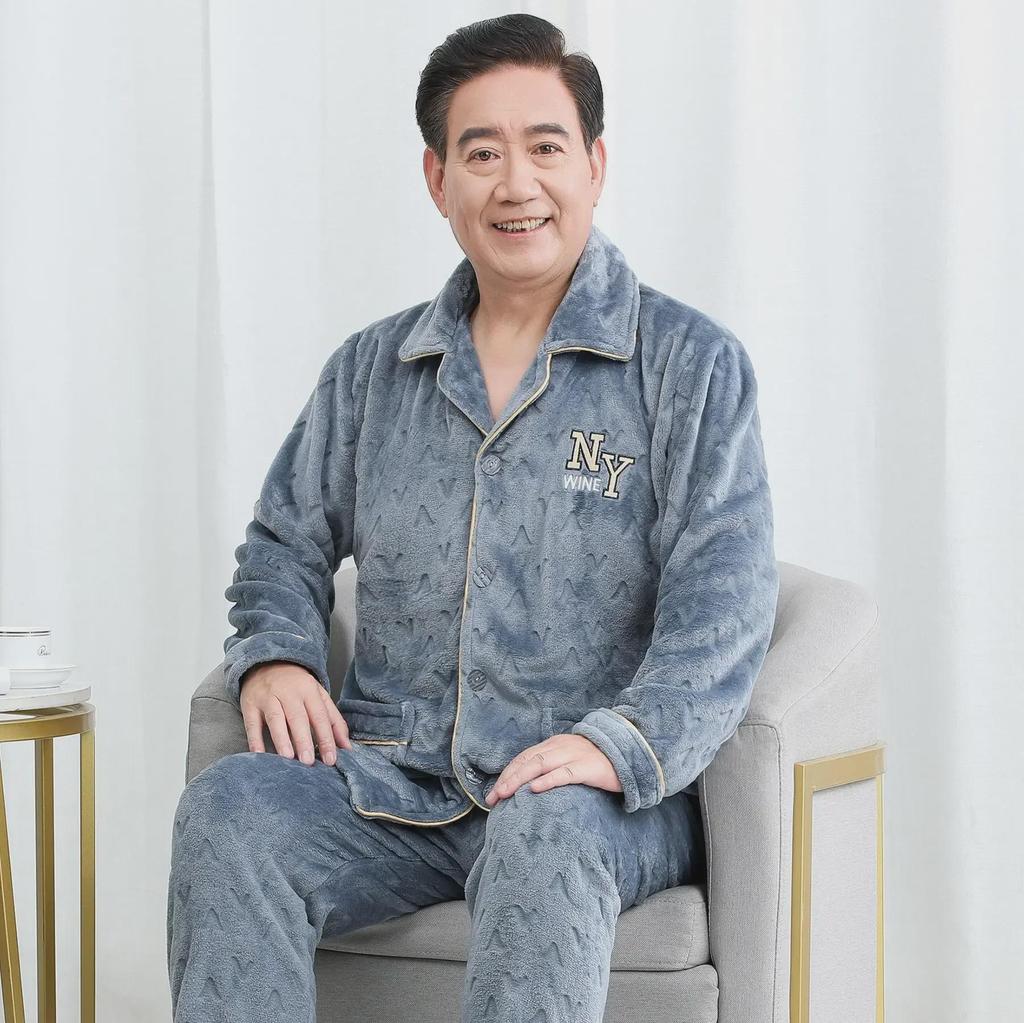 2024 Men's Autumn/Winter Plus Velvet Thickened Long Sleeve Warm Coral Fleece Flannel Pajama Set