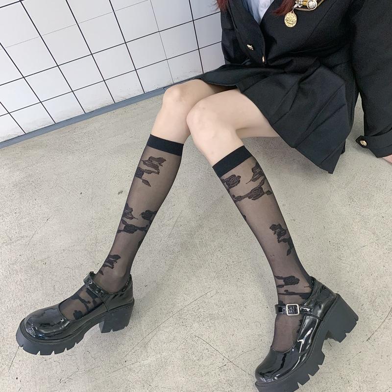 Summer Thin Stockings Transparent Calf Socks Women'S Breathable Versatile Medium Tube Socks Black Silk Knee Socks Thin Jk Calf Socks