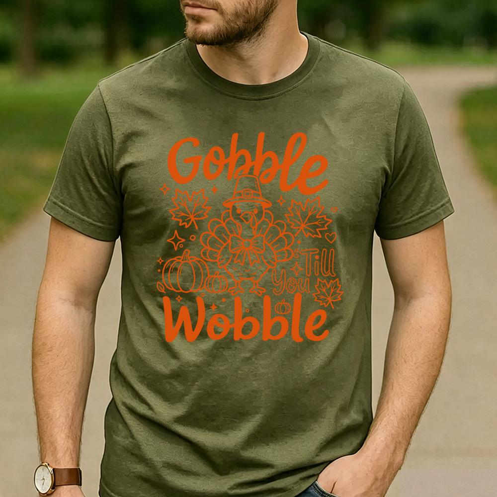 Gobble Till You Wobble Line Art Pilgrim Turkey Pumpkin Maple Leaf Graphic T Shirt Unisex Cotton Funny Thanksgiving Casual Tee