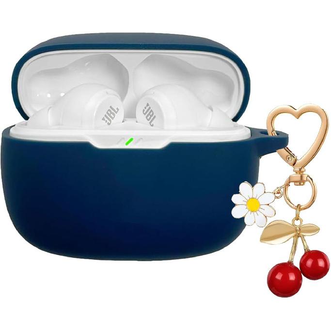 for JBL Vibe Beam 2 / JBL Vibe Beam Case Cover with Cute Cherry Daisy Flower Charm Keychain,Soft Silicone Protective Shock Cover for JBL Vibe 200TWS