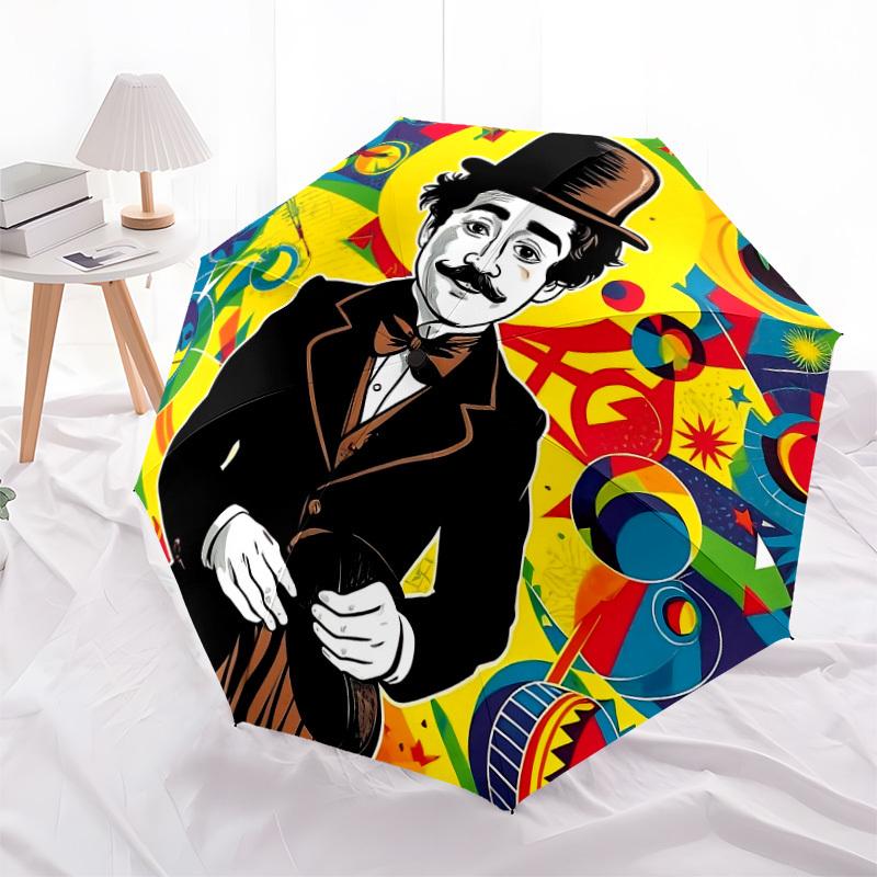 1pz Ombrello Pieghevole Automatico Charlie Chaplin, Design Pieghevole Portatile, Accessorio Casual da Esterno L1127016