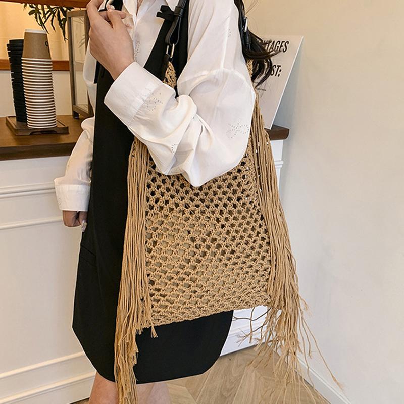 Yogodlns Fashion Long Tassel Shoulder Bag Thread Woven Women's Bag New Hollowed Out Handbag Summer Beach Vacation Bag