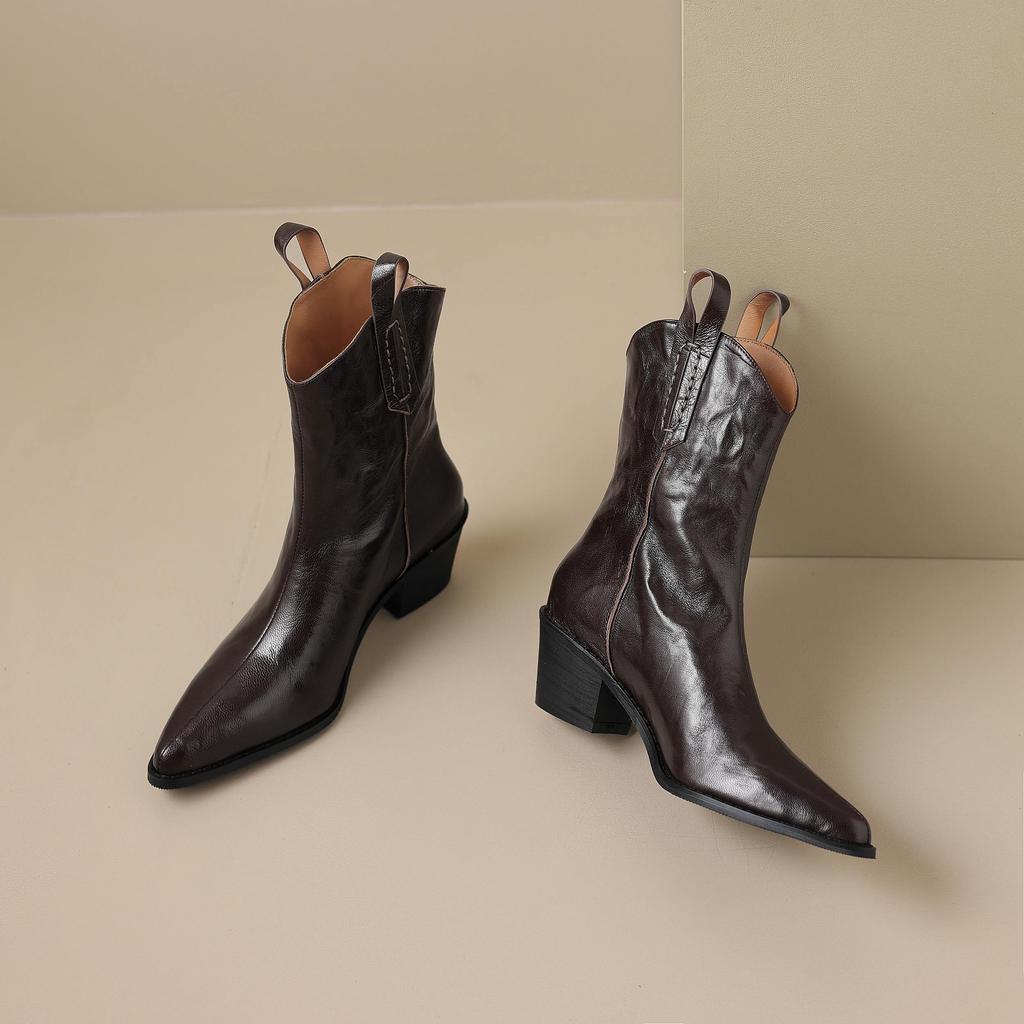 Krazing Pot Sheep Skin Autumn Winter Shoes Thick High Heels Size 43 Western Boots Slip on Ankle Boots